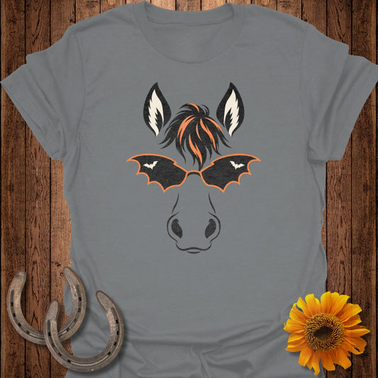 Grey t-shirt with Halloween horse graphic wearing bat sunglasses.
