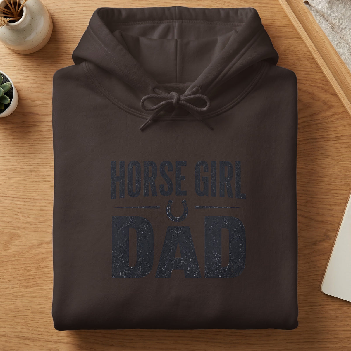 Brown hoodie with distressed text reading "Horse Girl Dad" and a horseshoe graphic.