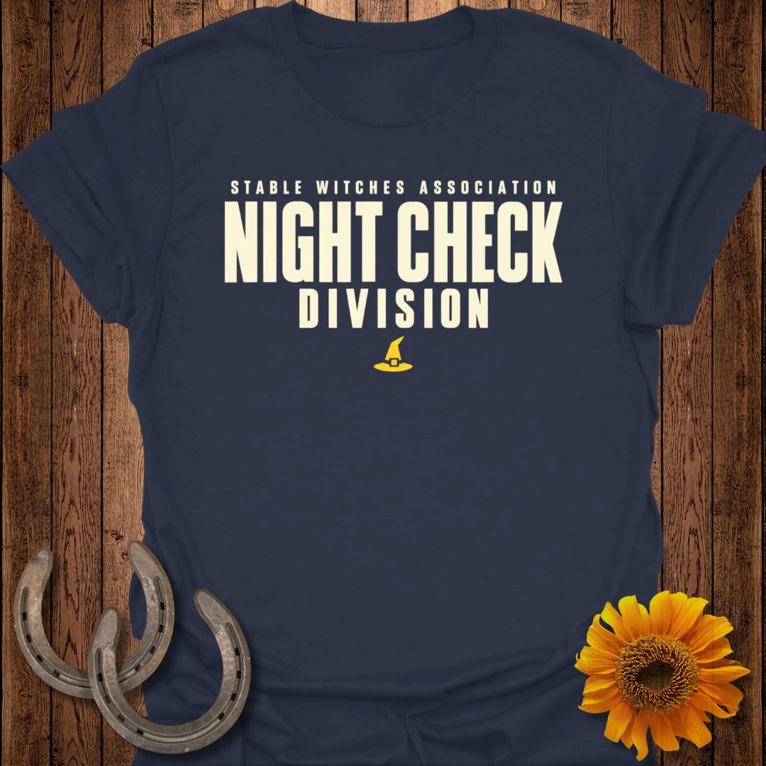 Navy t-shirt with "Stable Witches Association Night Check Division" text and witch hat graphic.