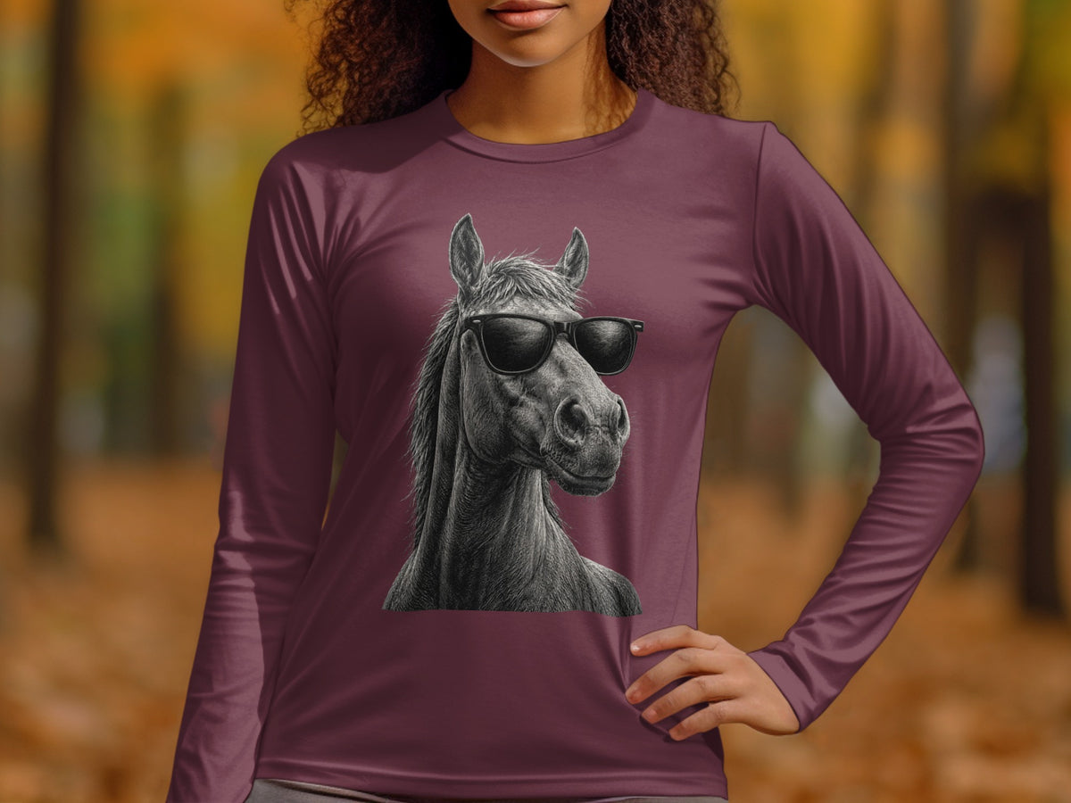 Long sleeve shirt with a black and white drawing of a horse wearing sunglasses.