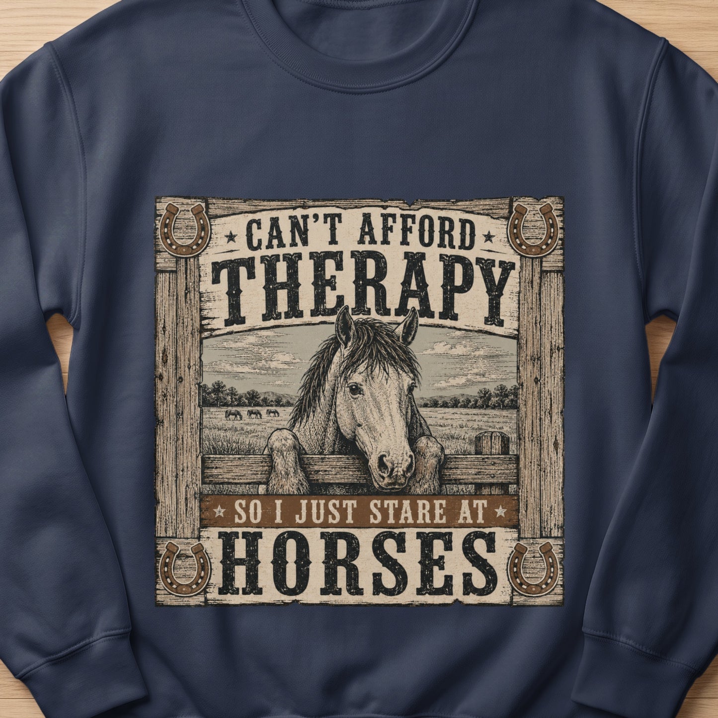 Horse peeking over fence with text "Can't afford therapy so I just stare at horses."