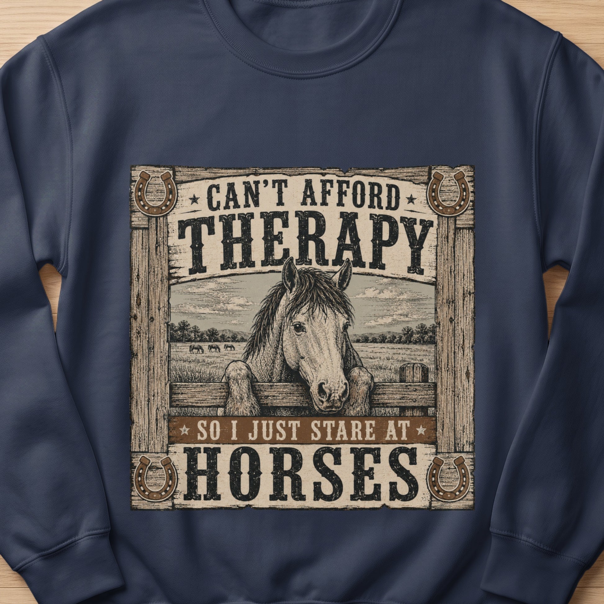 Horse peeking over fence with text "Can't afford therapy so I just stare at horses."
