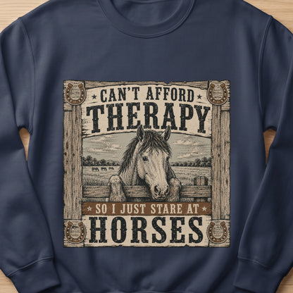 Horse peeking over fence with text "Can't afford therapy so I just stare at horses."