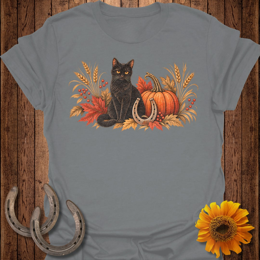 Black cat and pumpkin with autumn leaves, wheat, and horseshoe graphic on t-shirt.