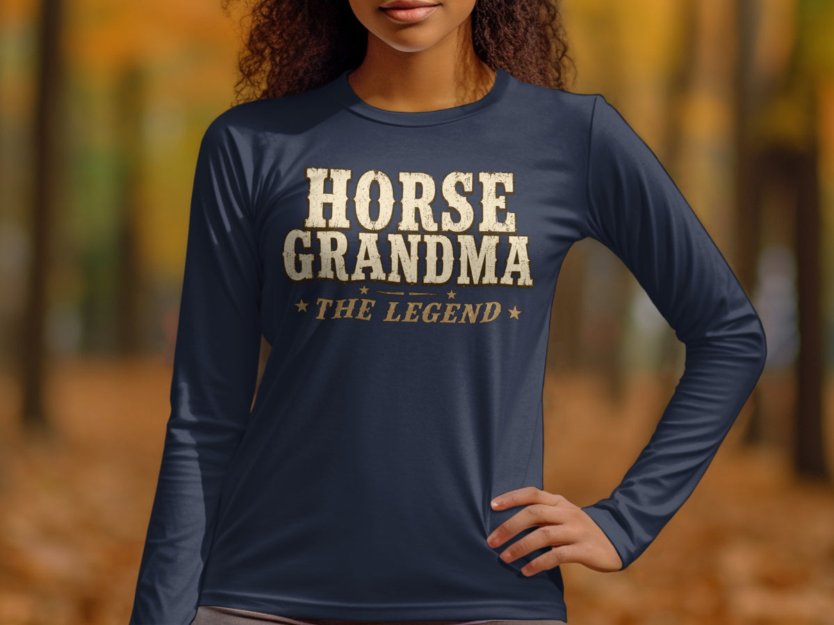 Dark blue long-sleeve shirt with "HORSE GRANDMA THE LEGEND" text.