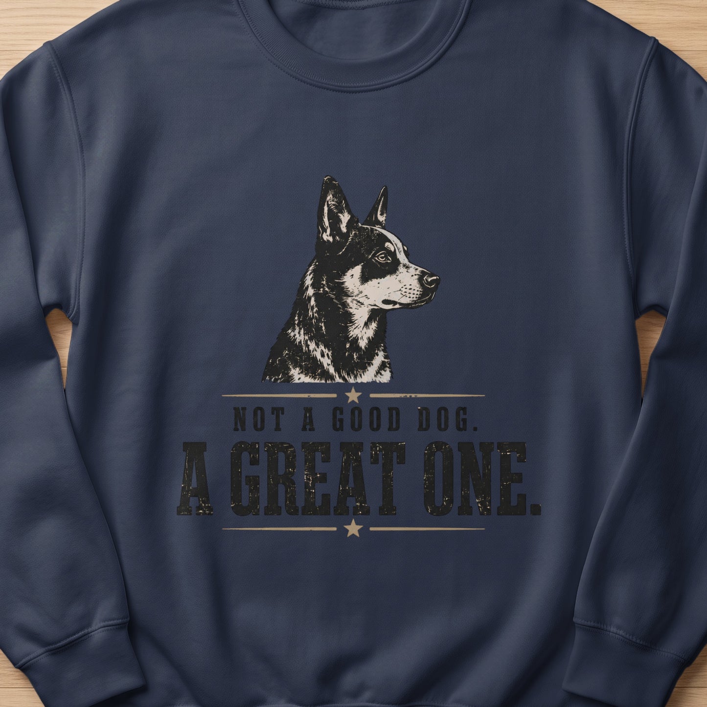 Navy sweatshirt with a black and white dog illustration and distressed text.