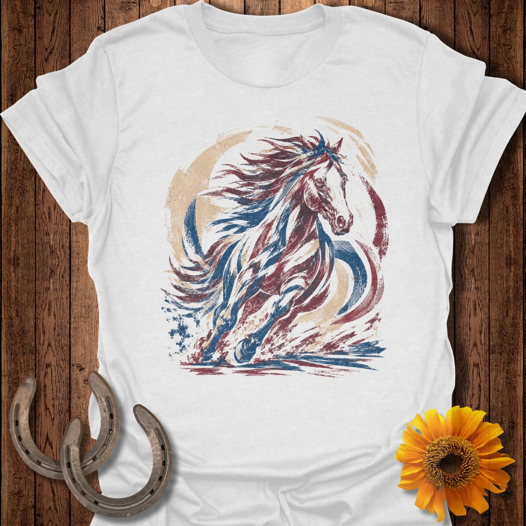 White t-shirt with patriotic horse graphic in red, white, and blue.