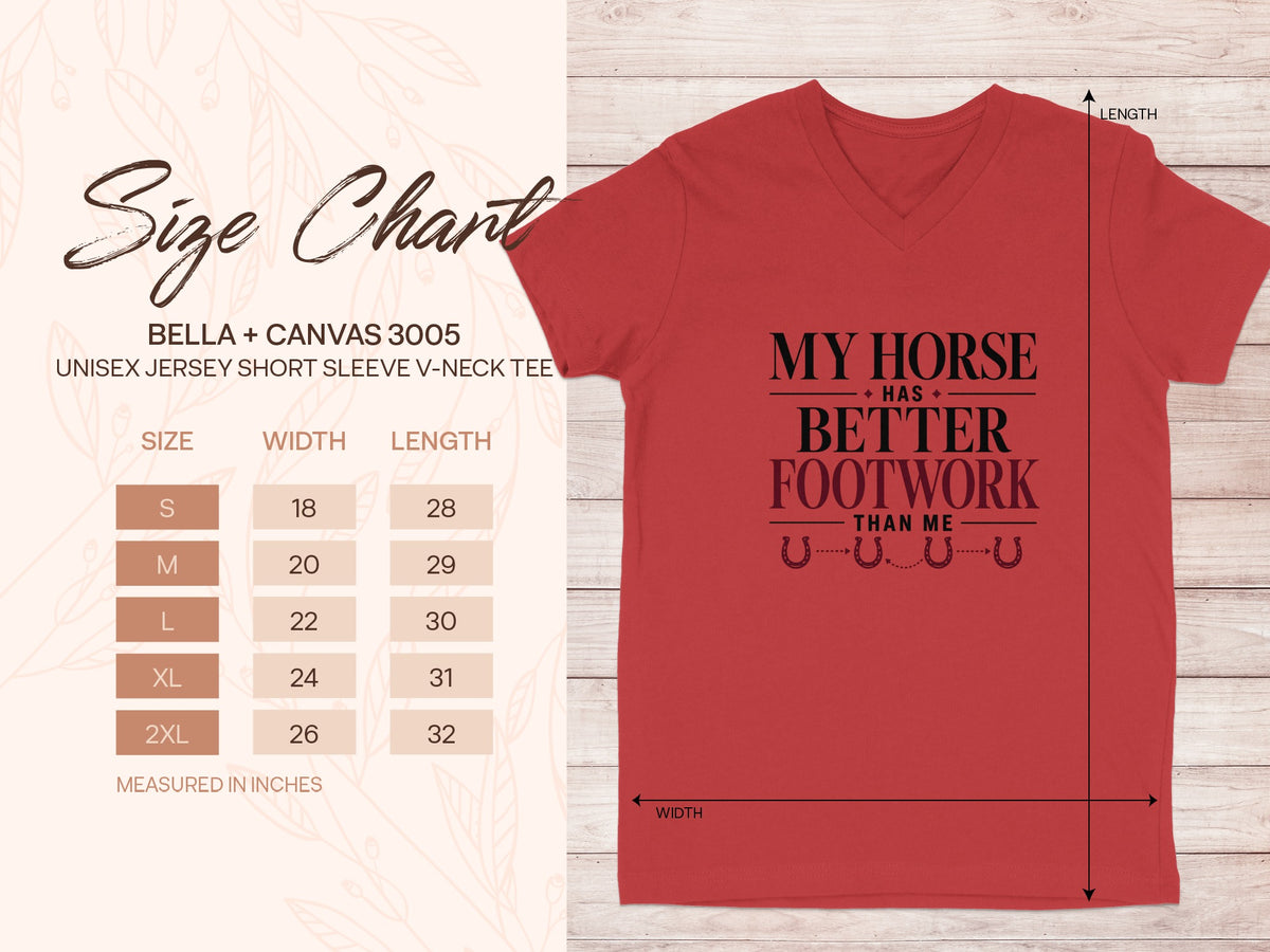 Bella + Canvas 3005 unisex v-neck tee size chart with measurements in inches.
