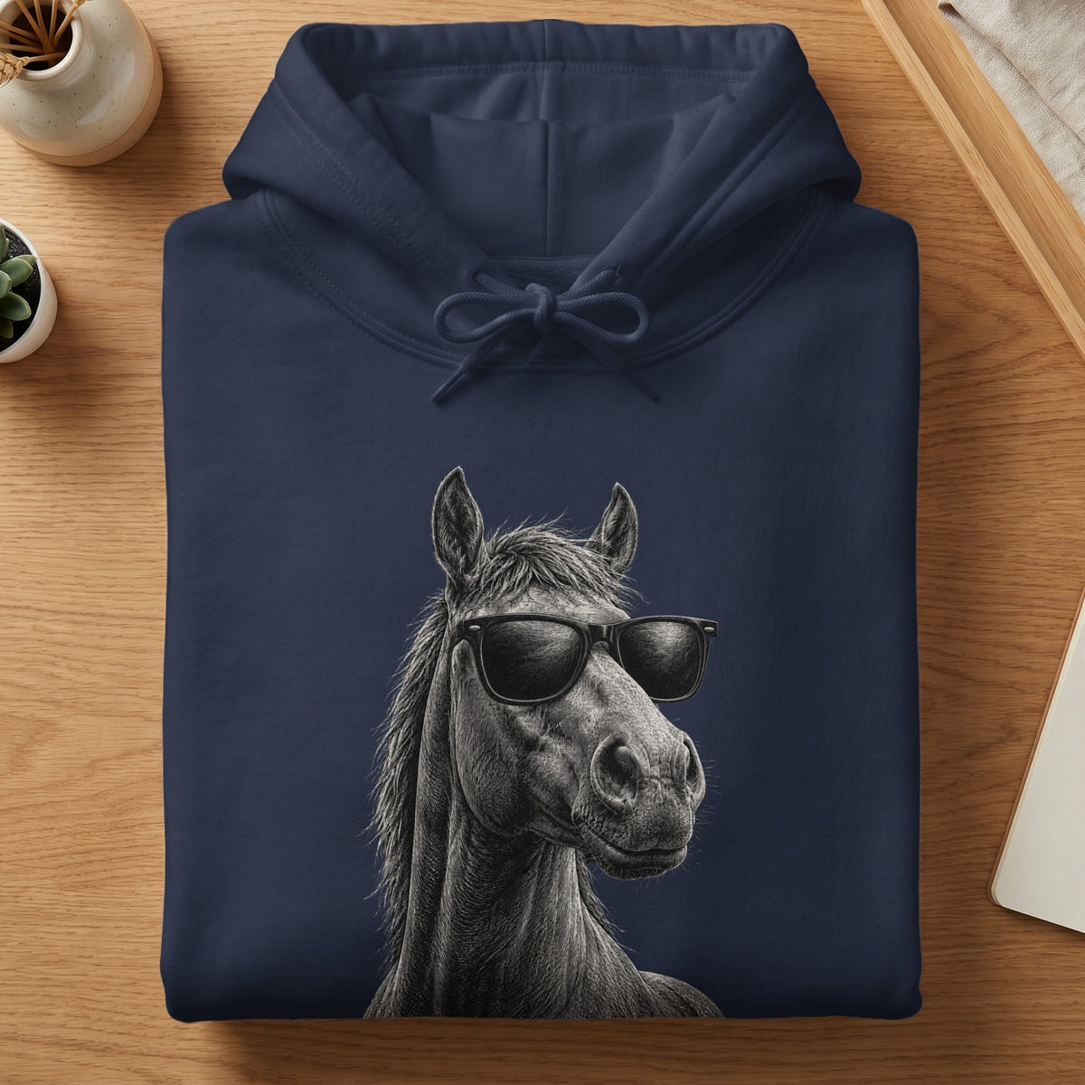 Dark navy hoodie with a black and white illustration of a horse wearing sunglasses.
