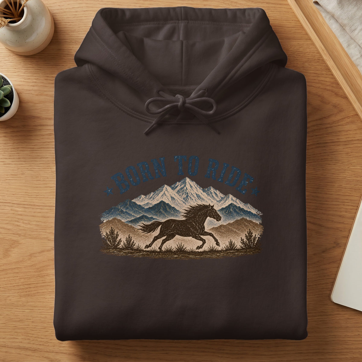 Dark brown hoodie with "BORN TO RIDE" text and horse with mountains graphic.