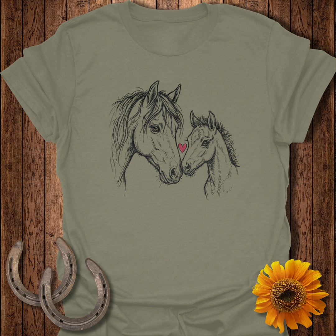 Horse and foal sketch with pink heart on foal's nose.