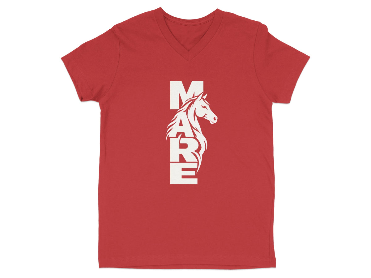 Red V-neck short-sleeve t-shirt with a white graphic of a horse and the word MARE centered on the chest.