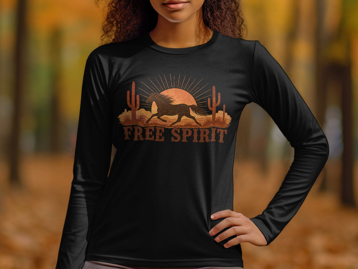 Black long-sleeve shirt with a desert scene featuring a running horse and the text "Free Spirit".