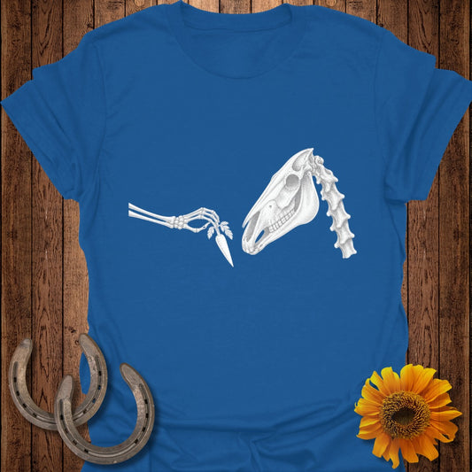 Skeleton hand offers carrot to horse skull with skeleton spine and tail.
