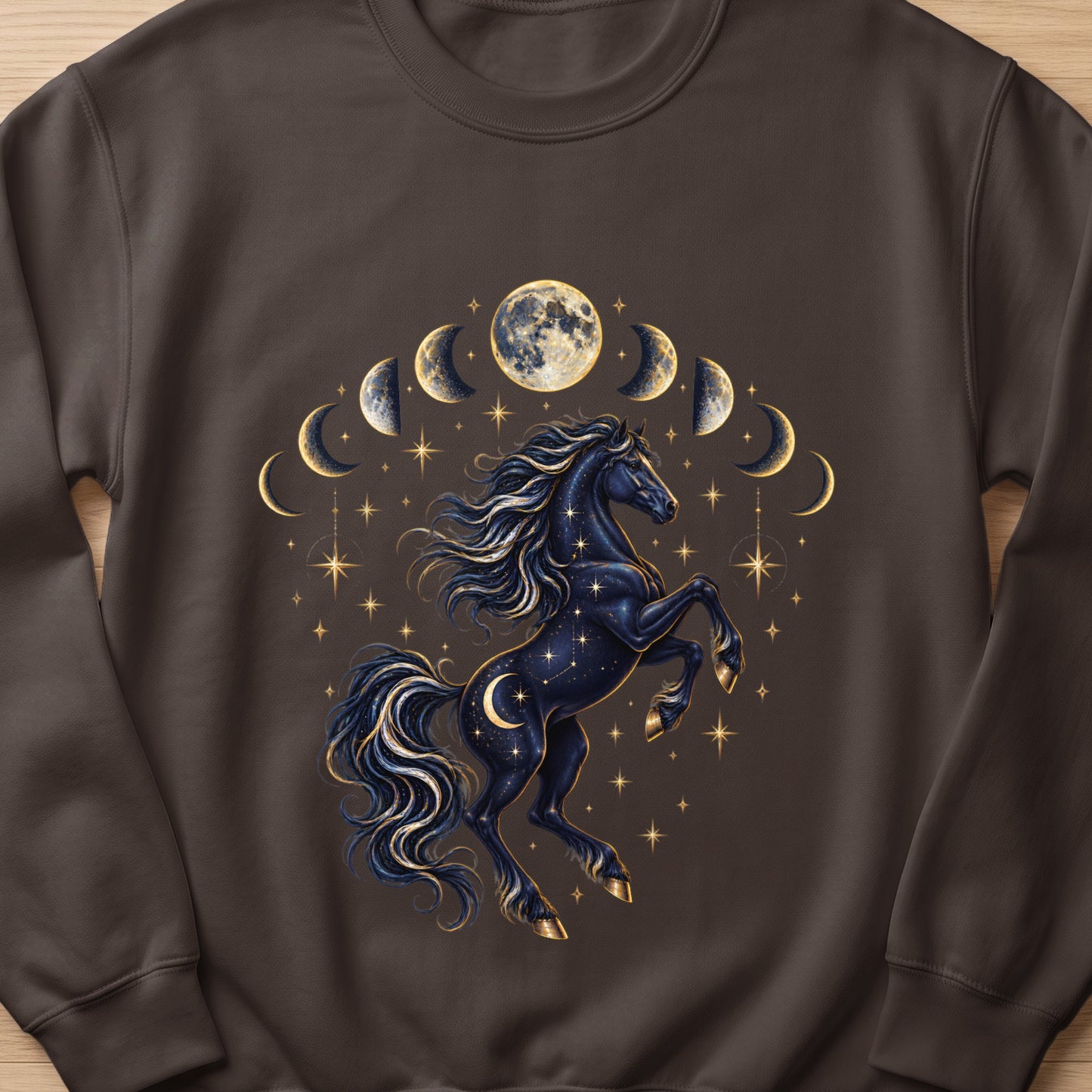 Dark blue horse with crescent moon and stars design with moon phases and stars border.