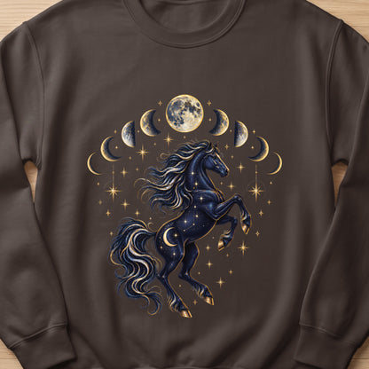 Dark blue horse with crescent moon and stars design with moon phases and stars border.