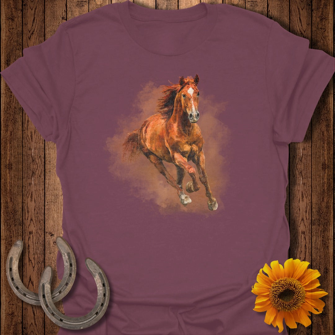 Brown horse galloping with sunflowers and horseshoes on a wooden background.