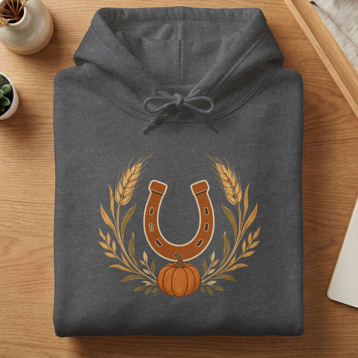 Dark gray hoodie with horseshoe, pumpkin, and wheat graphic.