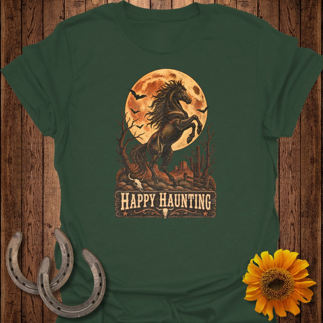 Dark green t-shirt with a rearing horse, moon, bats, and "Happy Haunting" text.