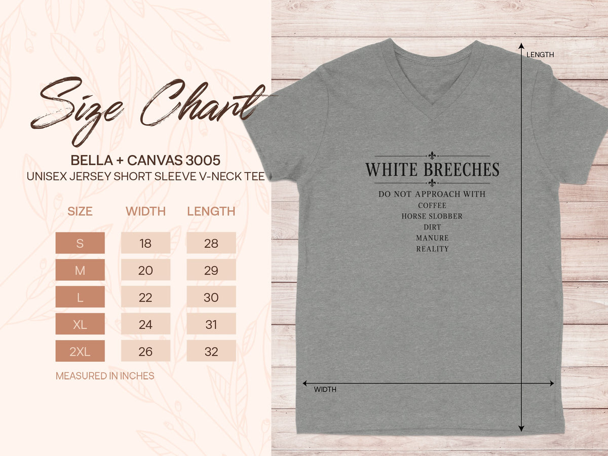 Bella + Canvas 3005 unisex v-neck tee size chart with width and length measurements.