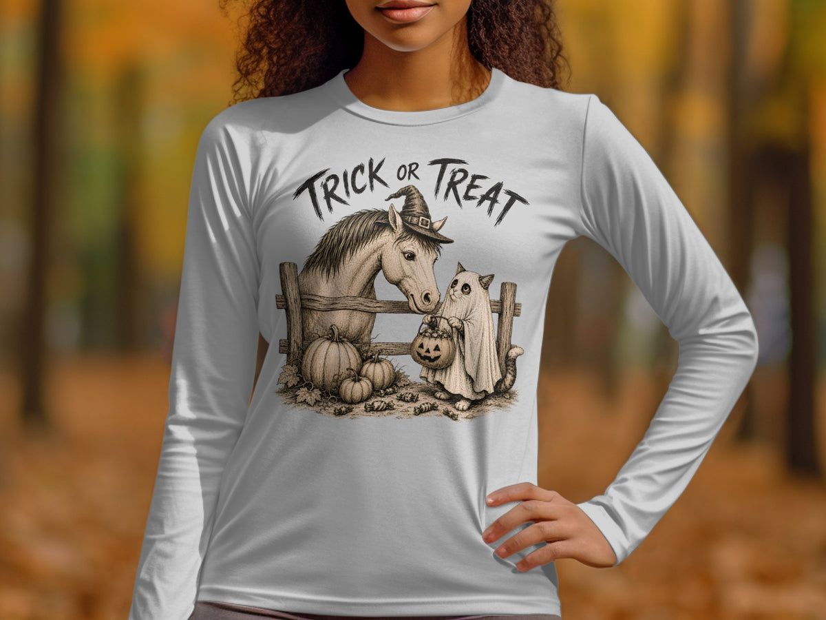 Long sleeve shirt with "Trick or Treat" text, horse, and cat in ghost costume.