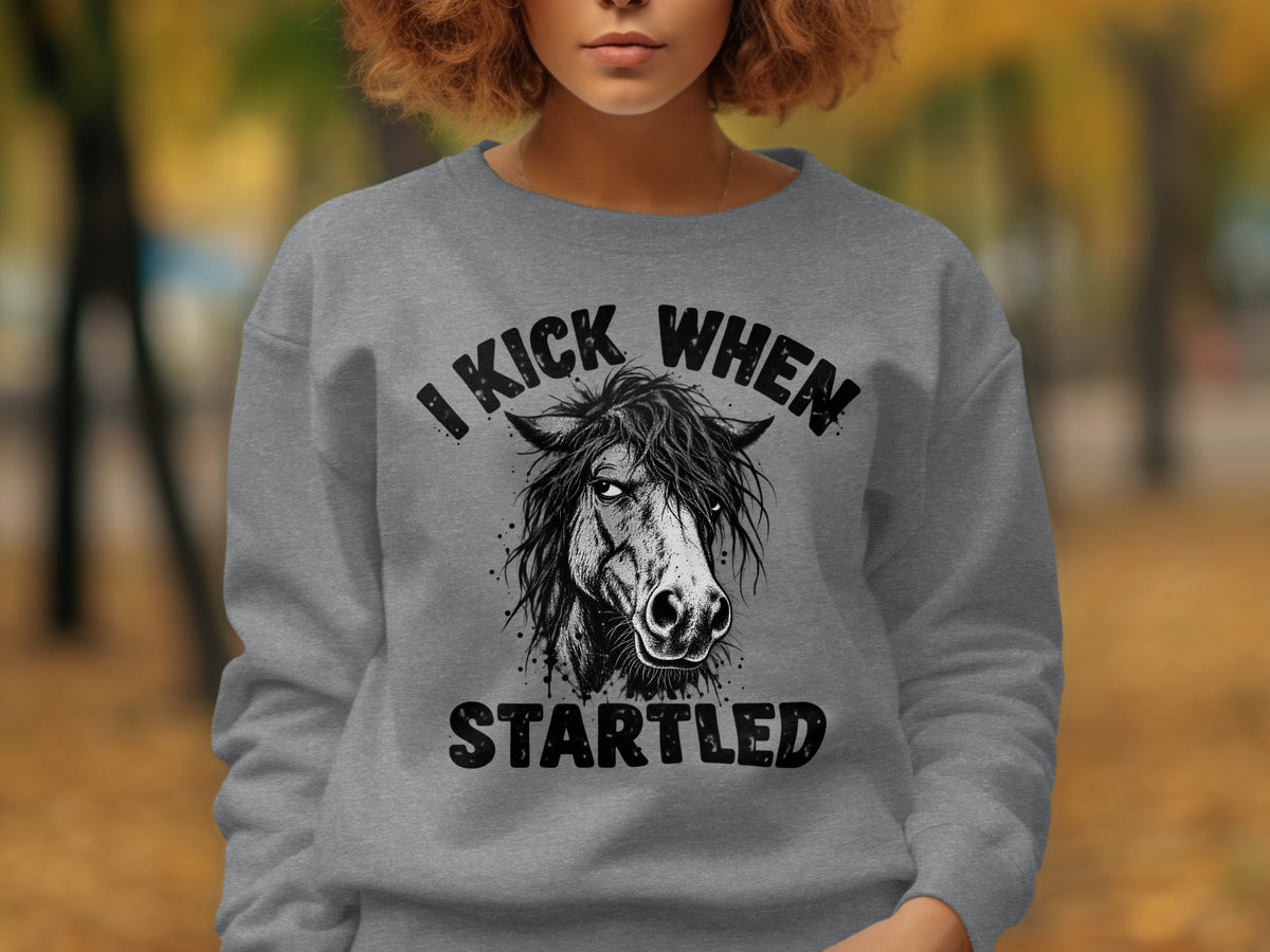 Grey sweatshirt with a distressed horse graphic and "I KICK WHEN STARTLED" text.