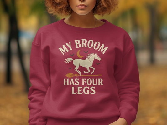 Maroon sweatshirt with "My broom has four legs" text and horse graphic.