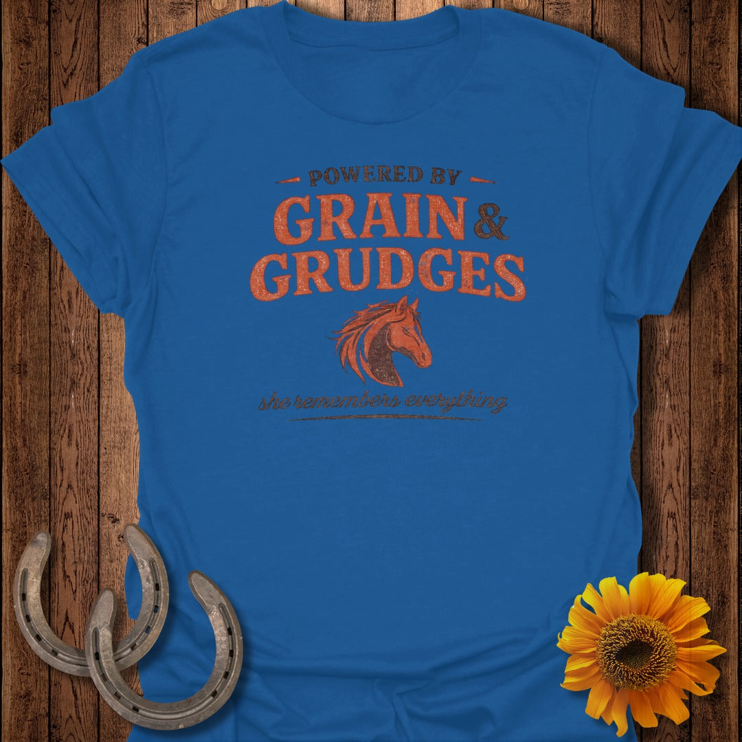 Blue t-shirt with "Powered by Grain & Grudges" and a horse graphic.