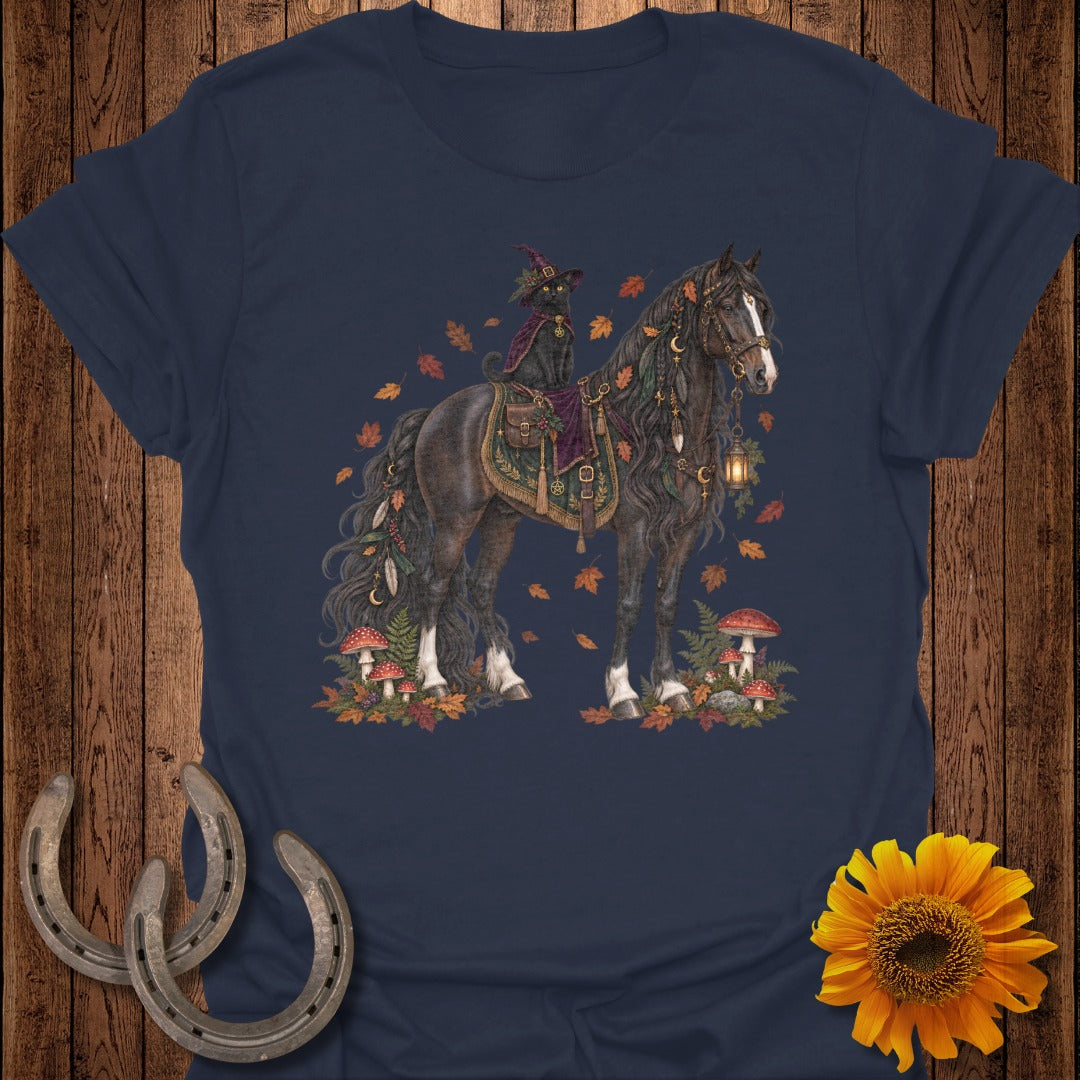 Black cat wearing witch hat rides decorated horse surrounded by autumn leaves and mushrooms.