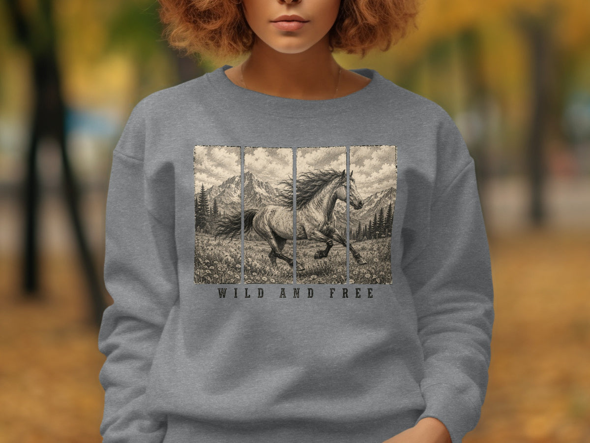 Grey sweatshirt with a graphic of a running horse in a mountain landscape and text "WILD AND FREE".