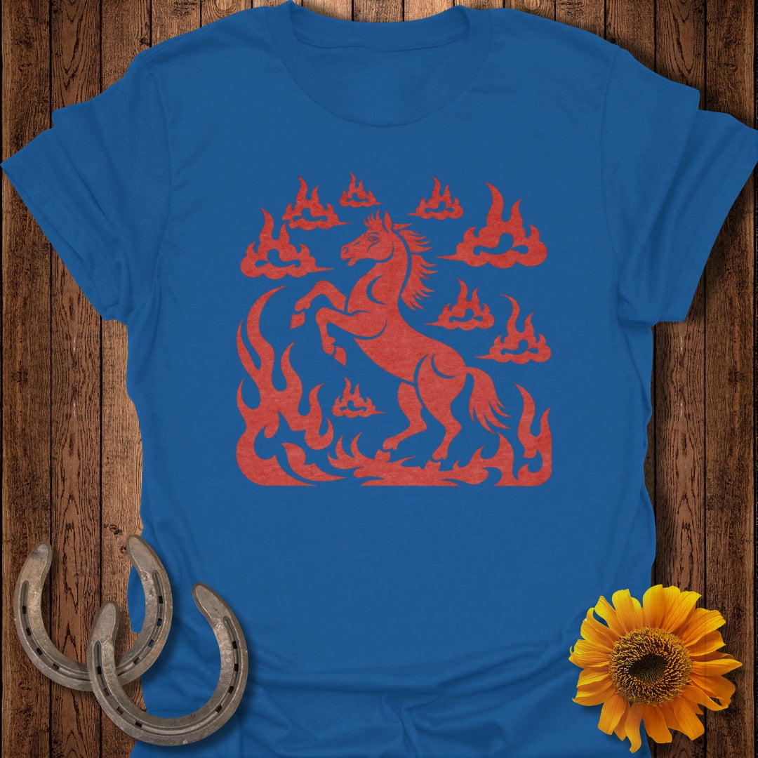 Blue t-shirt with a red horse and flames graphic.