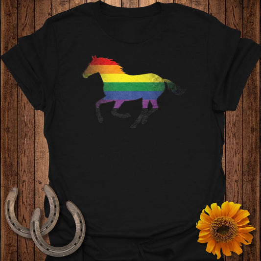 Rainbow Horse Graphic Design on Black Shirt