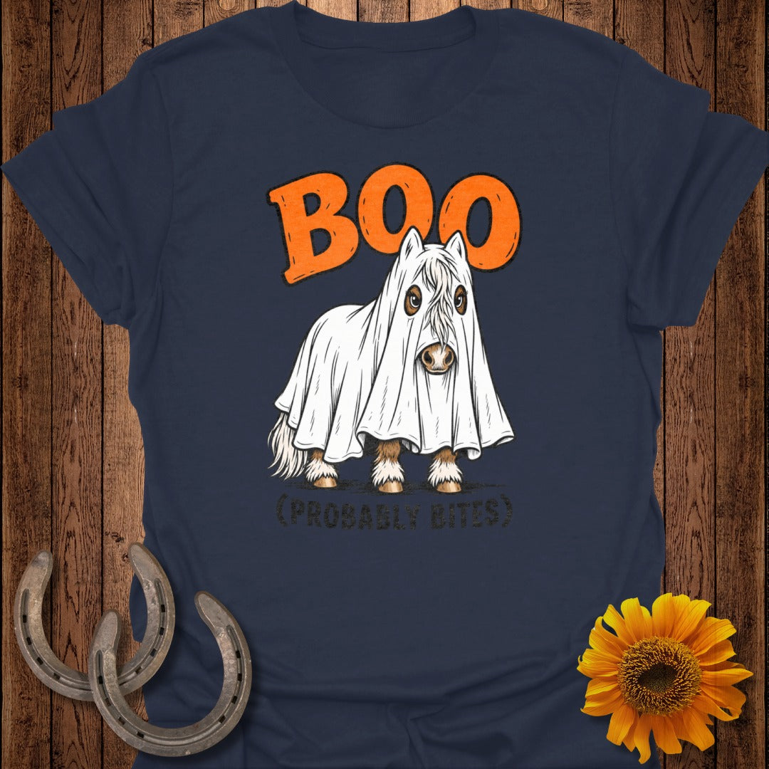 Navy t-shirt with "Boo" and a horse dressed as a ghost saying "(Probably Bites)".