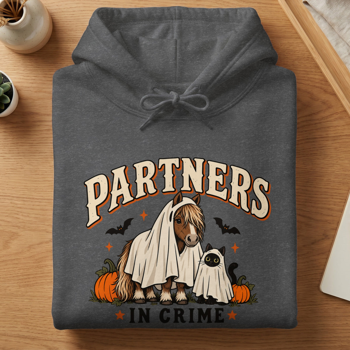 Dark gray hoodie with "PARTNERS IN CRIME" text and horse and cat in ghost costumes.