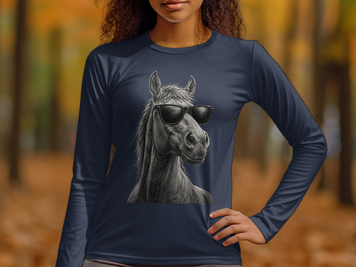 Long-sleeve navy t-shirt with a charcoal sketch of a horse wearing sunglasses.