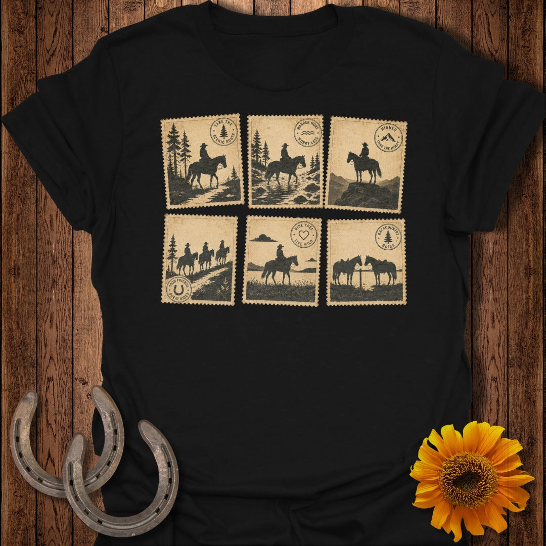 Black t-shirt with six square graphics of cowboys riding horses, each with text.