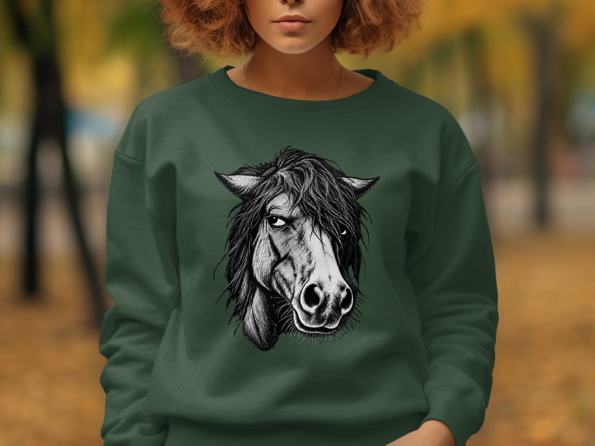 Dark green sweatshirt with a detailed black and white drawing of a horse's head.
