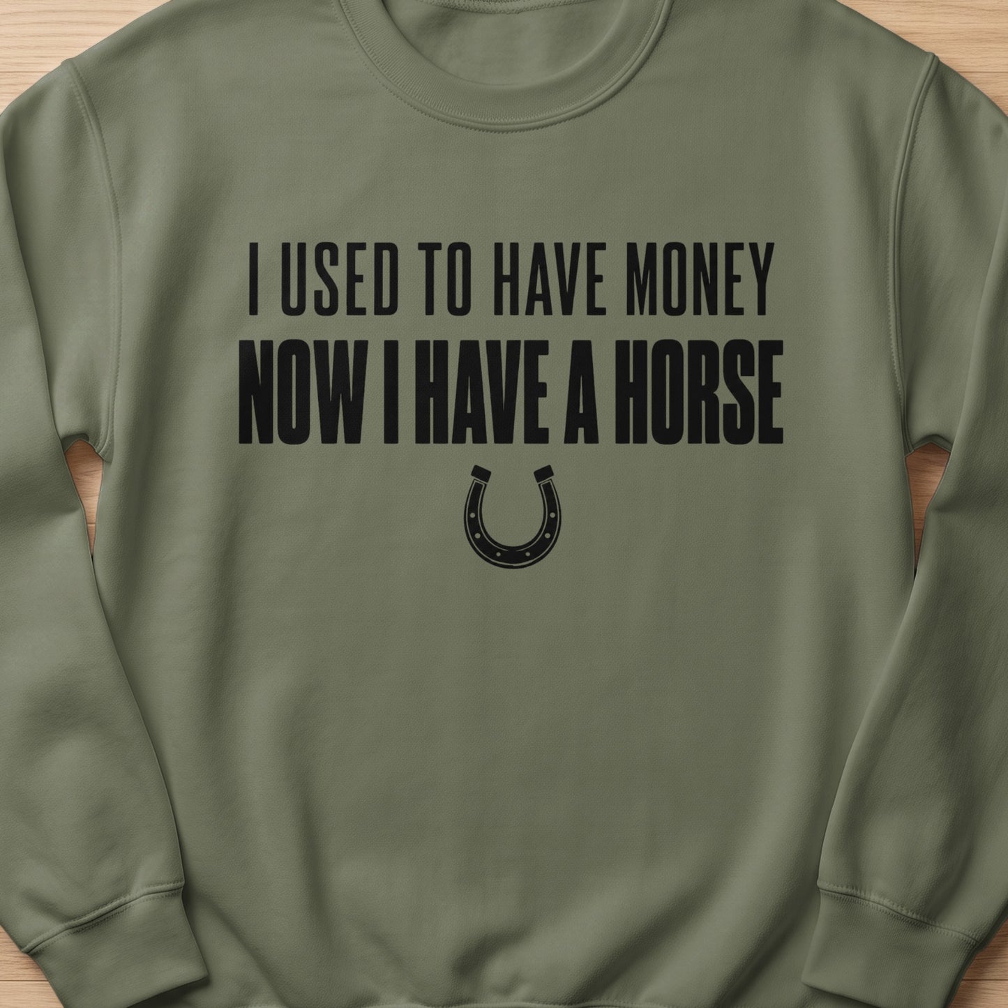 Green sweatshirt with black text "I USED TO HAVE MONEY NOW I HAVE A HORSE" and horseshoe.