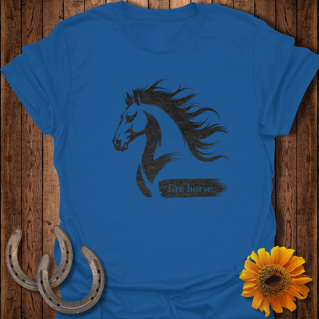 Blue t-shirt with black horse silhouette and "fire horse" text.