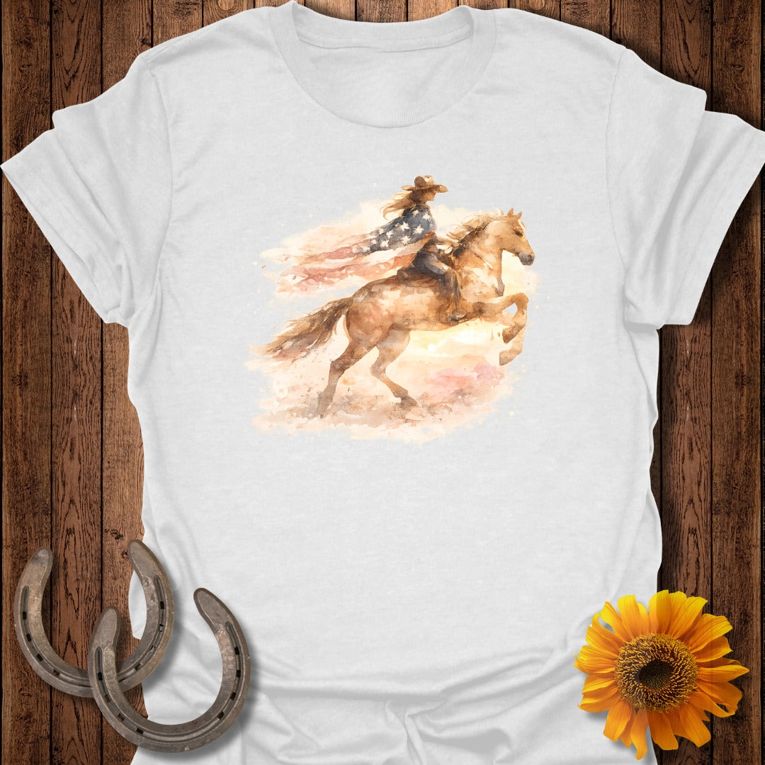 Woman in cowboy hat riding horse with American flag cape.