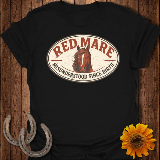 Black t-shirt with oval "RED MARE MISUNDERSTOOD SINCE BIRTH" text and horse graphic.