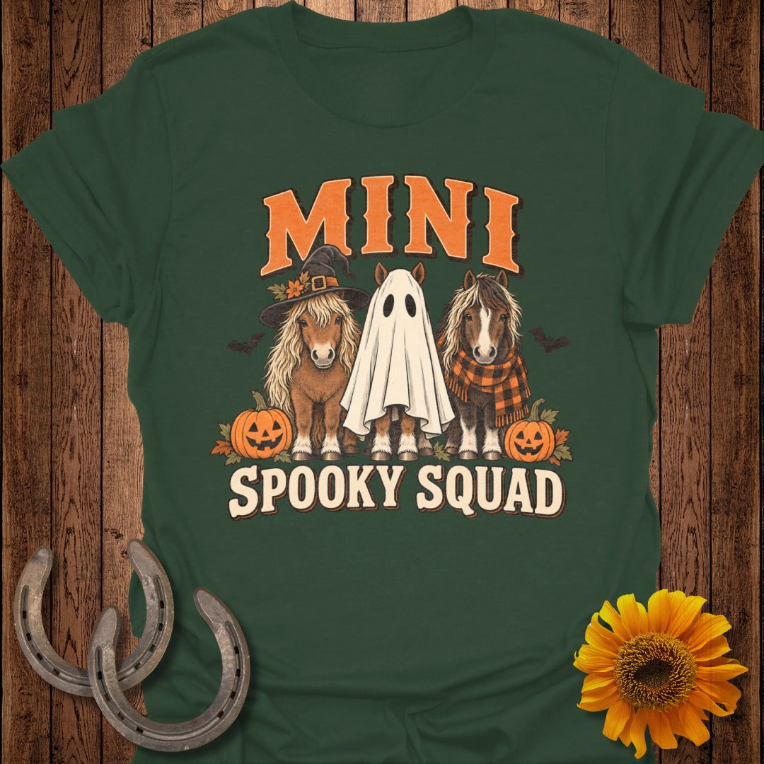 Three mini horses in Halloween costumes, "MINI SPOOKY SQUAD" text.