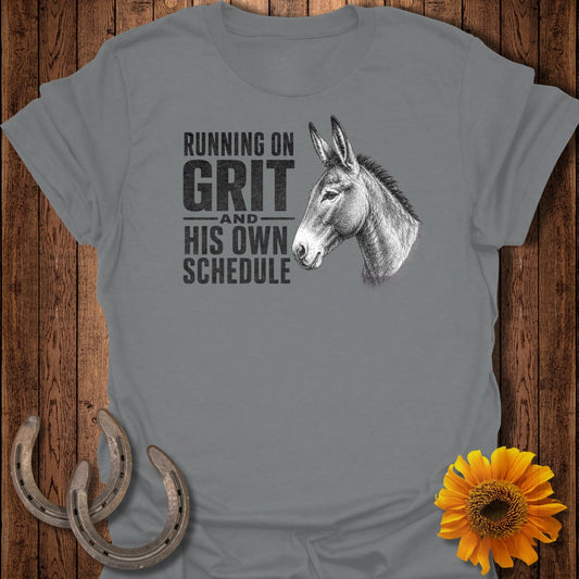 Grey t-shirt with donkey art and text "Running on Grit and His Own Schedule".
