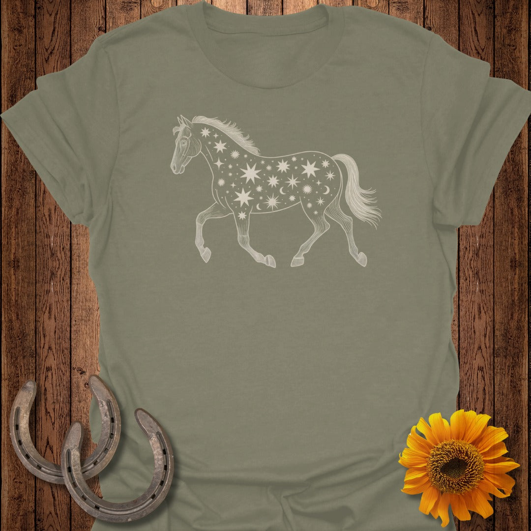 Olive t-shirt with white line art of a horse adorned with stars and moons.