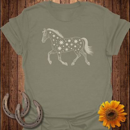 Olive t-shirt with white line art of a horse adorned with stars and moons.