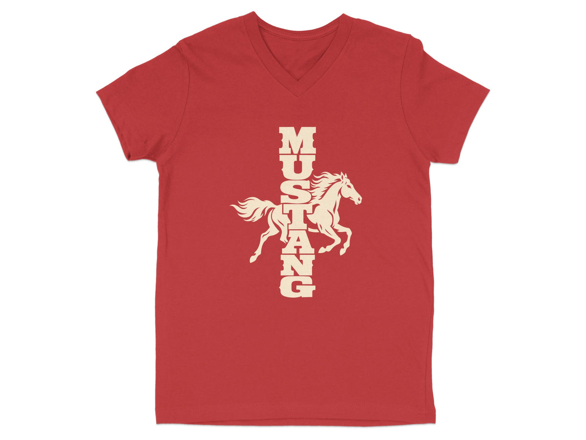 A red V-neck t-shirt featuring a cream-colored graphic of a galloping horse with stacked vertical text spelling MUSTANG.