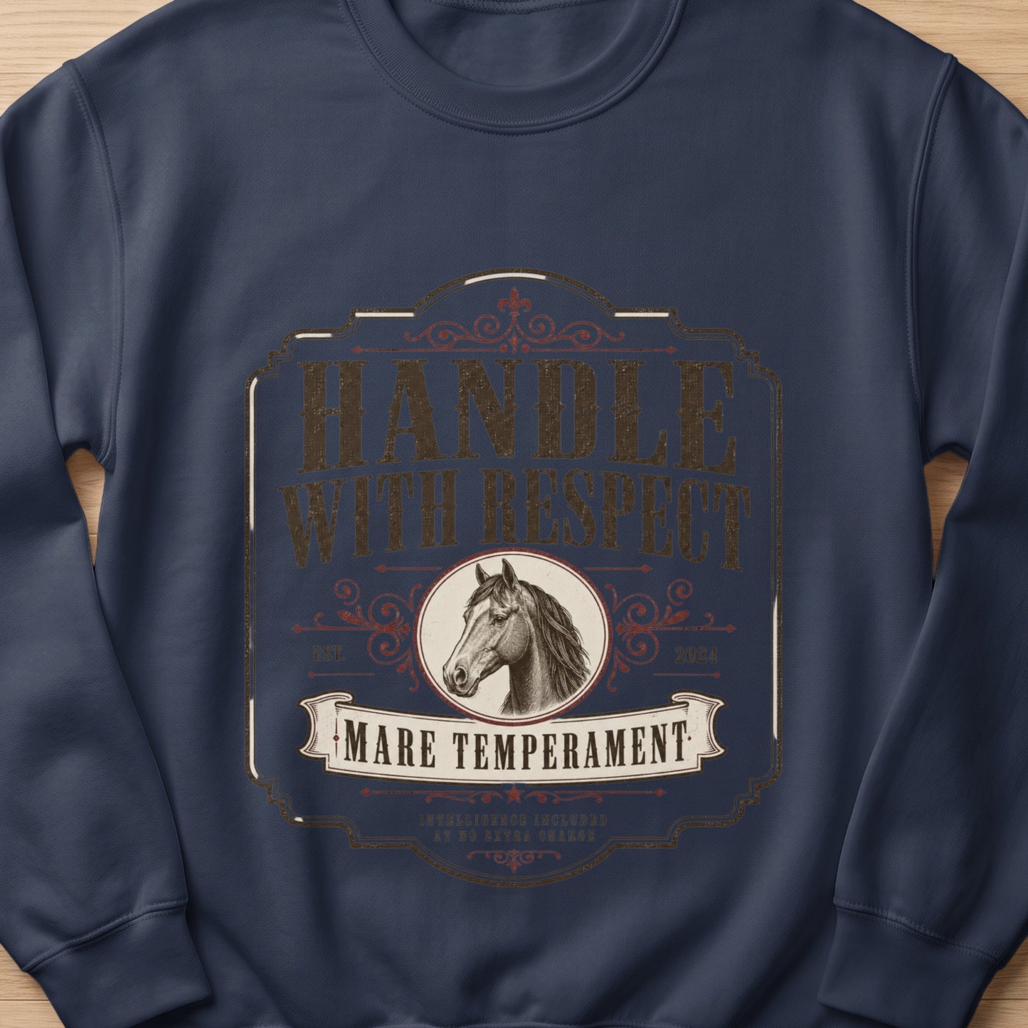 Navy sweatshirt with vintage design featuring a horse head and "Handle with Respect" text.