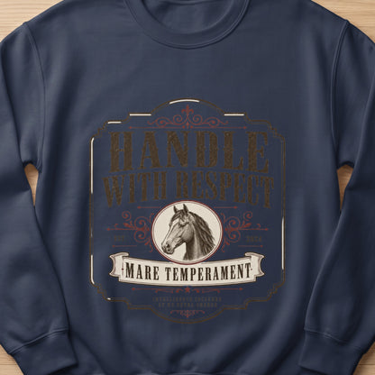 Navy sweatshirt with vintage design featuring a horse head and "Handle with Respect" text.