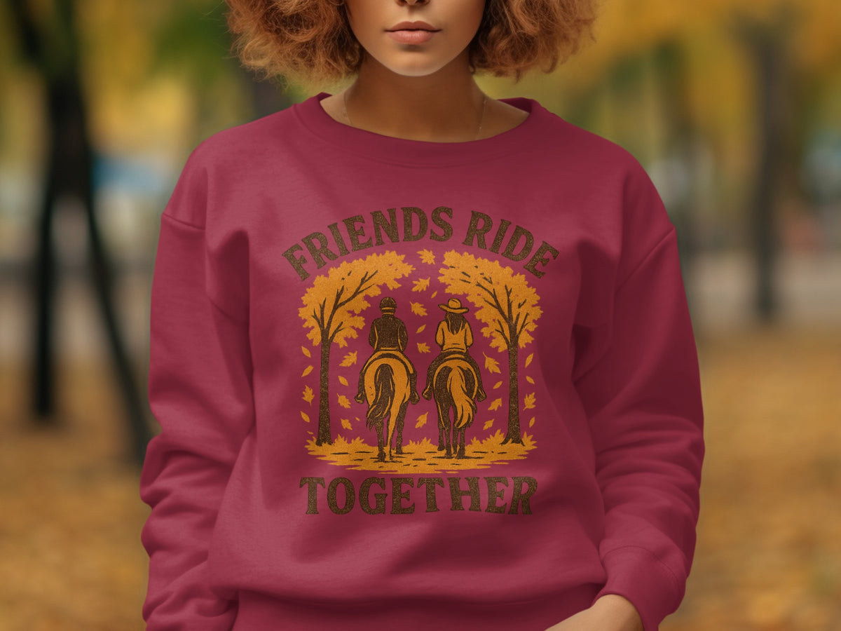 Maroon sweatshirt with "Friends Ride Together" text and equestrian graphic.
