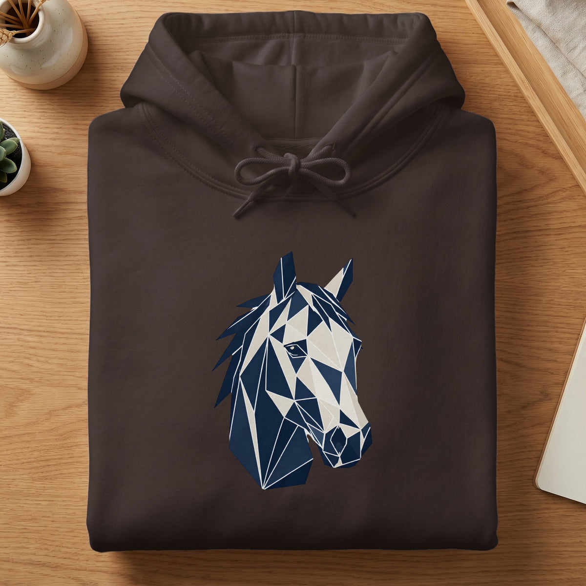 Dark brown hoodie with a geometric navy and cream horse head graphic.